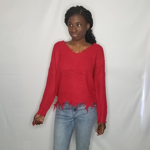 Red Frayed Long Sleeve V Neck Sweater - Picture 3 of 3